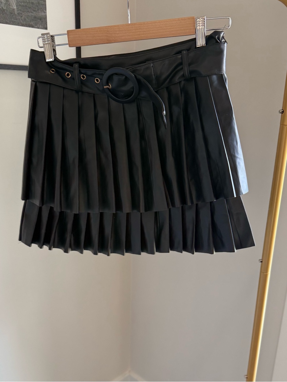 Black Pleated Faux Leather Mini Skirt with Belt Detail